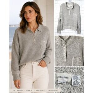 Ashley Hill Silk Angora Sweater Women M Pearl Button Quiet Luxury Coastal Preppy